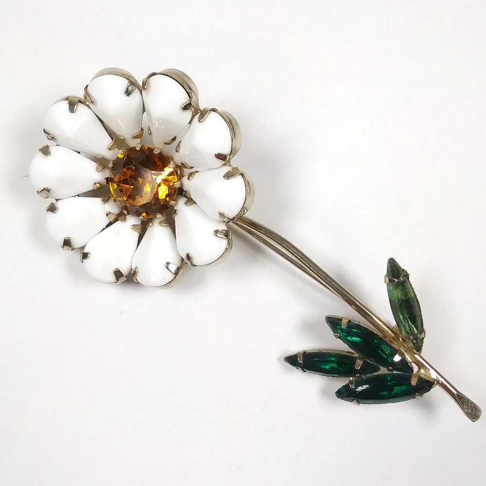 Mid-Century Flower Brooch - Milk Glass and Rhinestones - Attributed to Weiss